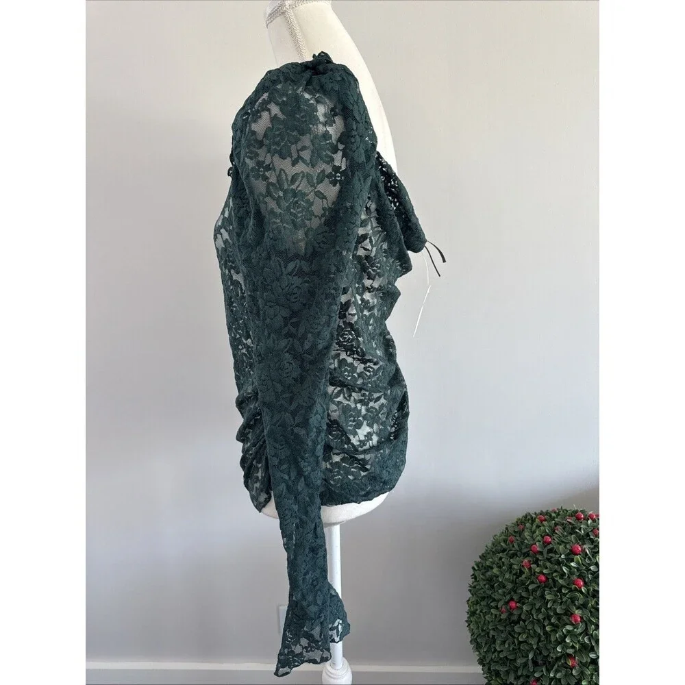 NWT Anthropologie Shirt Womes Sz XL Green Lace Long Sleeve Square Neck Top